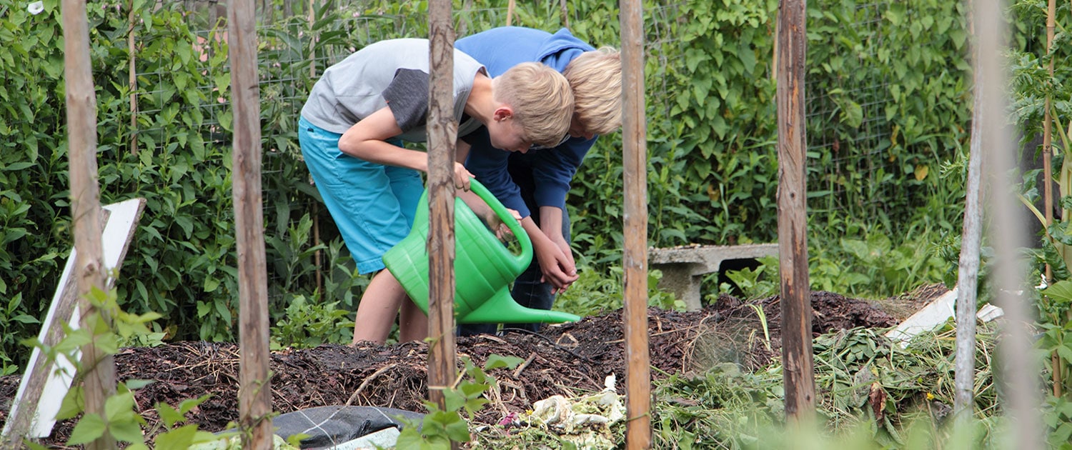 Schüler beim Gartenbauunterricht